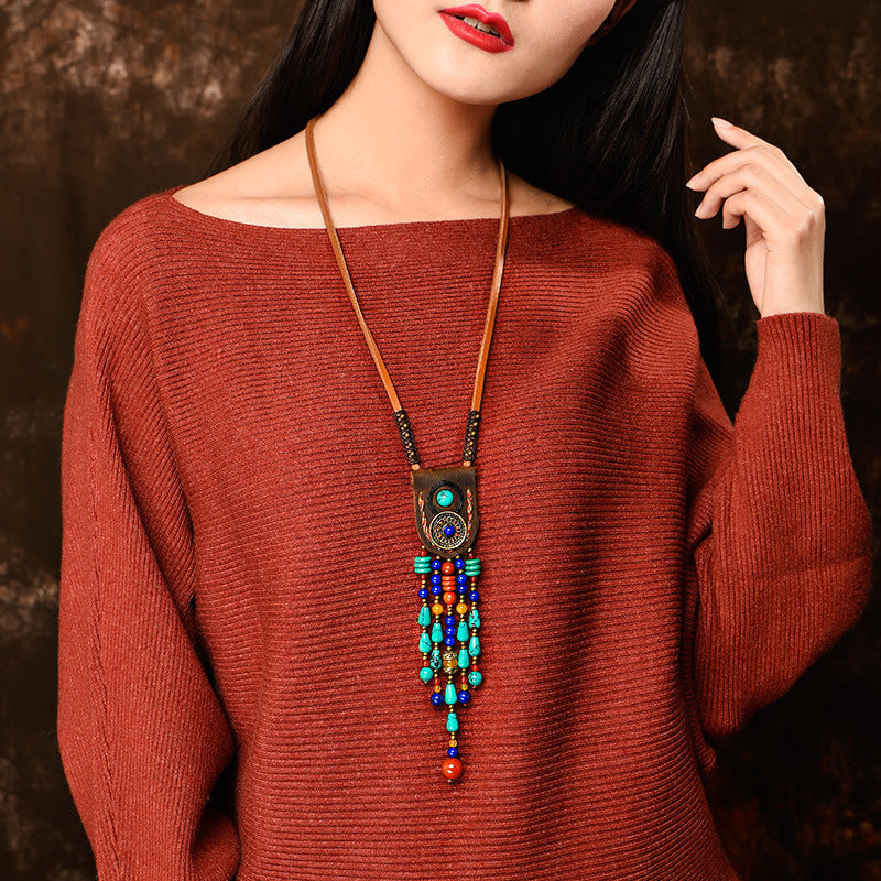 Rattan Creative National Style Jewelry Stall Supply New Tassel Leather Tibetan Sweater Chain Pendant Necklace