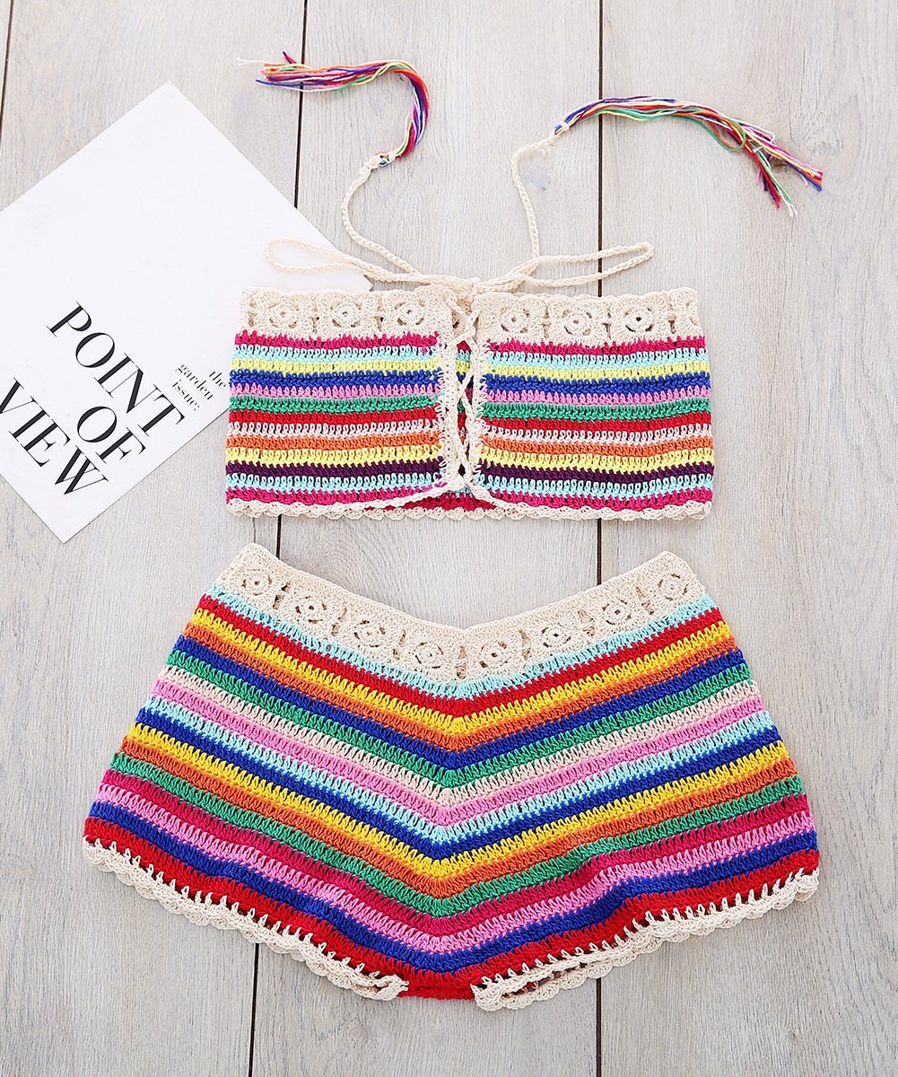 Colorful Stripes Hand Hook Beach Sexy Holiday Sunscreen Top Shorts Skirt Suit