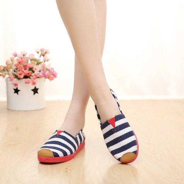 Stripe Canvas Flat Slip On Loafers