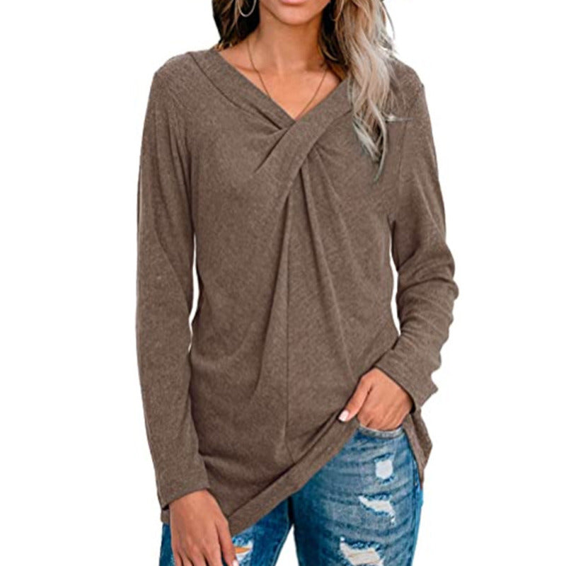 Solid Color V-neck Twisted Long-sleeved T-shirt Spot