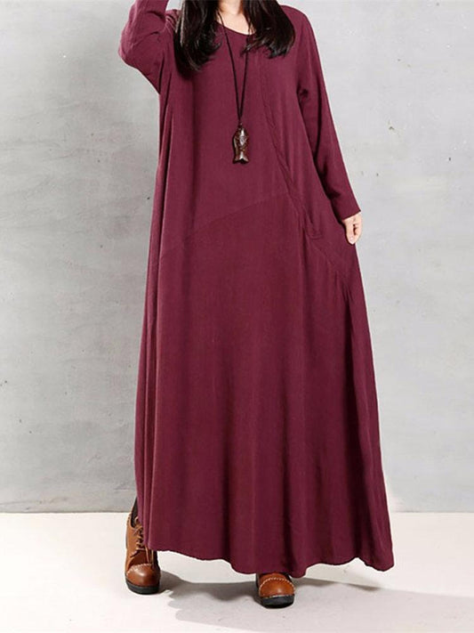 Women Vintage Cotton Tunic Loose Large Size Long Sleeve Maxi Dress