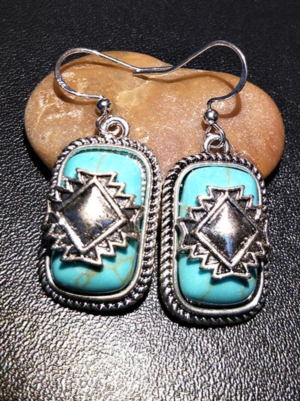 Vintage Ethnic Tibetan Shield Blue Stone Earring For Women Gift Boho Jewelry Geometry Drop Dangle Earring