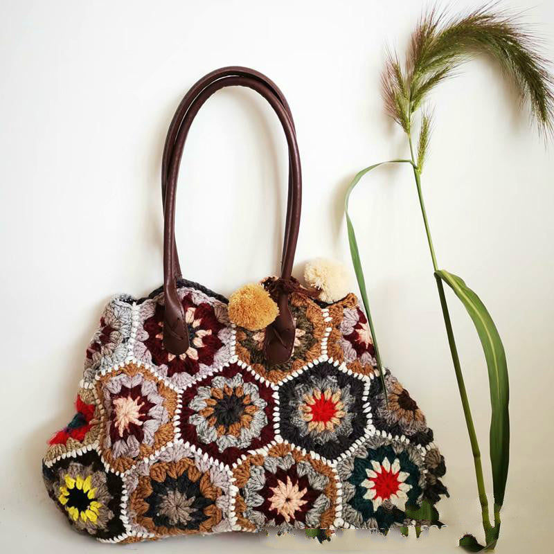 mosaic shoulder handbag hand-woven stitching contrast color limited edition