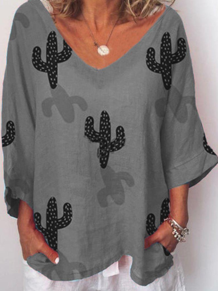 Cactus Pattern Printed Fashionable Shirt with Broken Sleeves