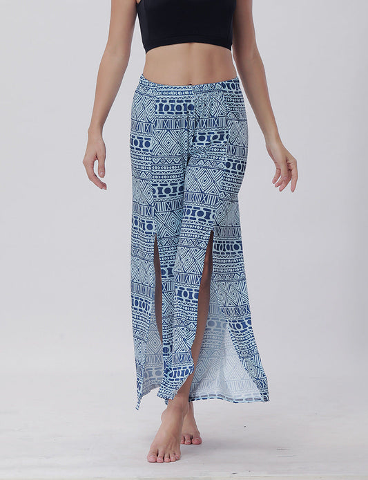 Summer Trousers with Split Legs and Horn Printed Trousers Yoga Pants Casual Loose Leisure Pants