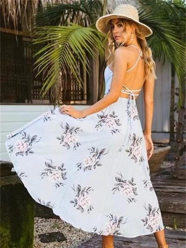 Pretty Asymmetry Floral Backless Midi Dresses