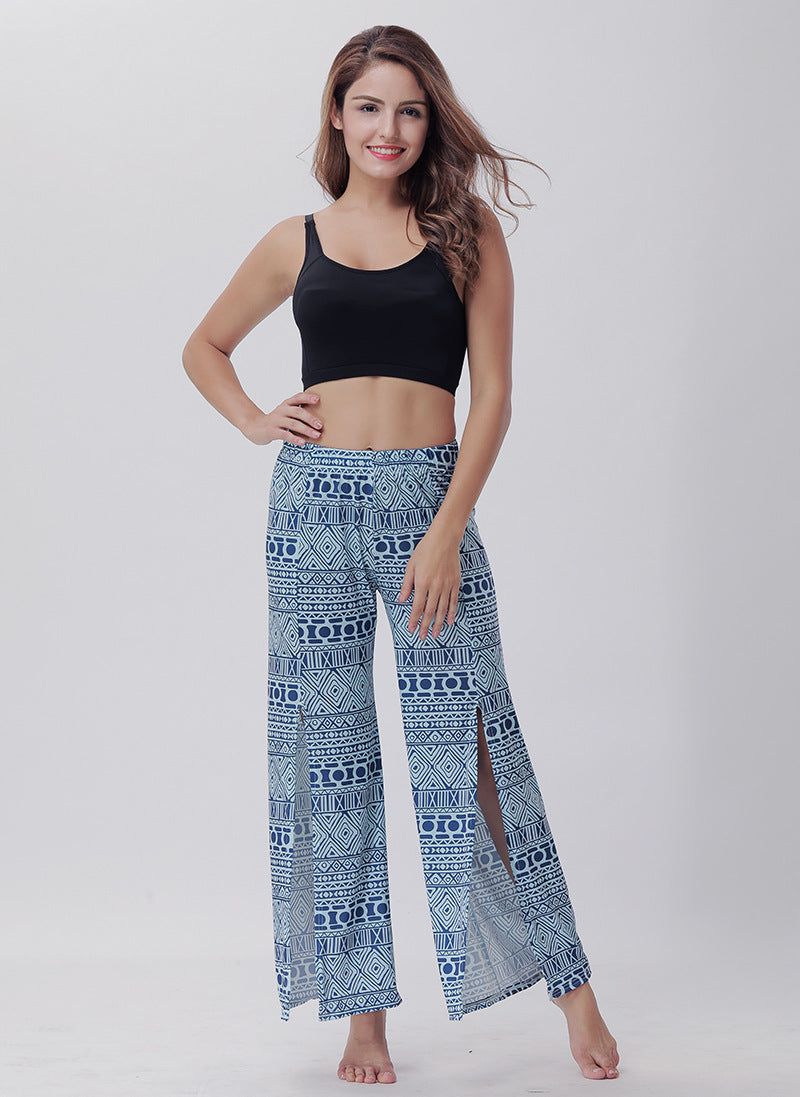 Summer Trousers with Split Legs and Horn Printed Trousers Yoga Pants Casual Loose Leisure Pants