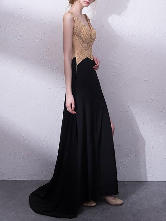 Black V-Neck Lady Elegant Tailing Banquet Dress