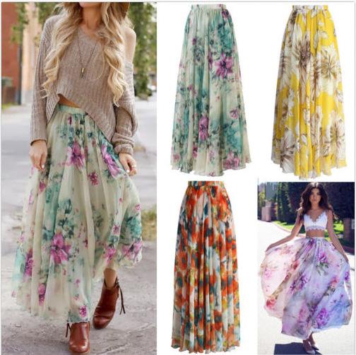 BOHO Womens Floral High Waist Long Maxi Full Skirt Holiday Party Evening Beach Sun Skirt