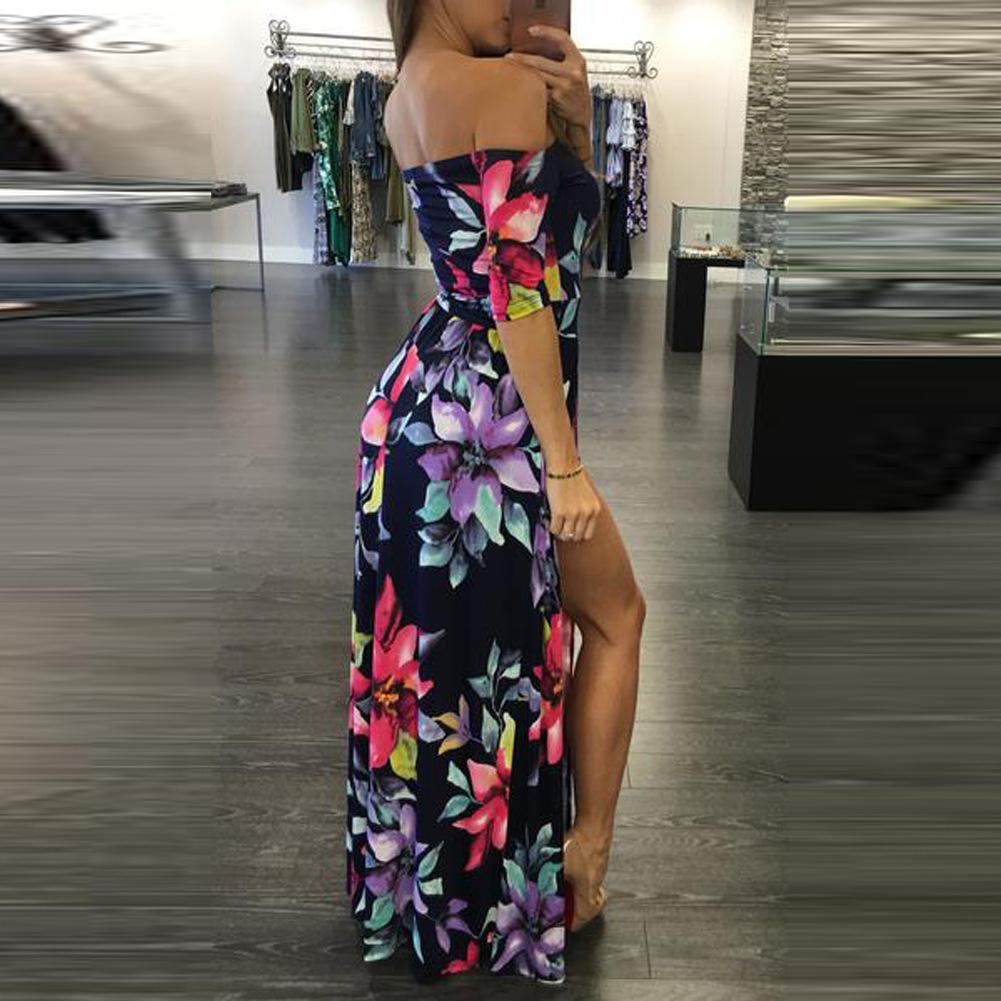 Boho Floral Print Off Shoulder Side Slit Maxi Dress