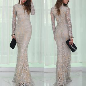 Sexy Round Neck Long Sleeve Shiny Evening Dress