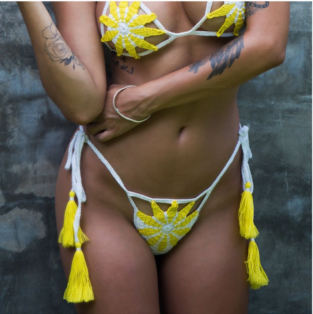 Sexy Hollow Crochet Tassel Beach Swimwear G-string Bikini Sets