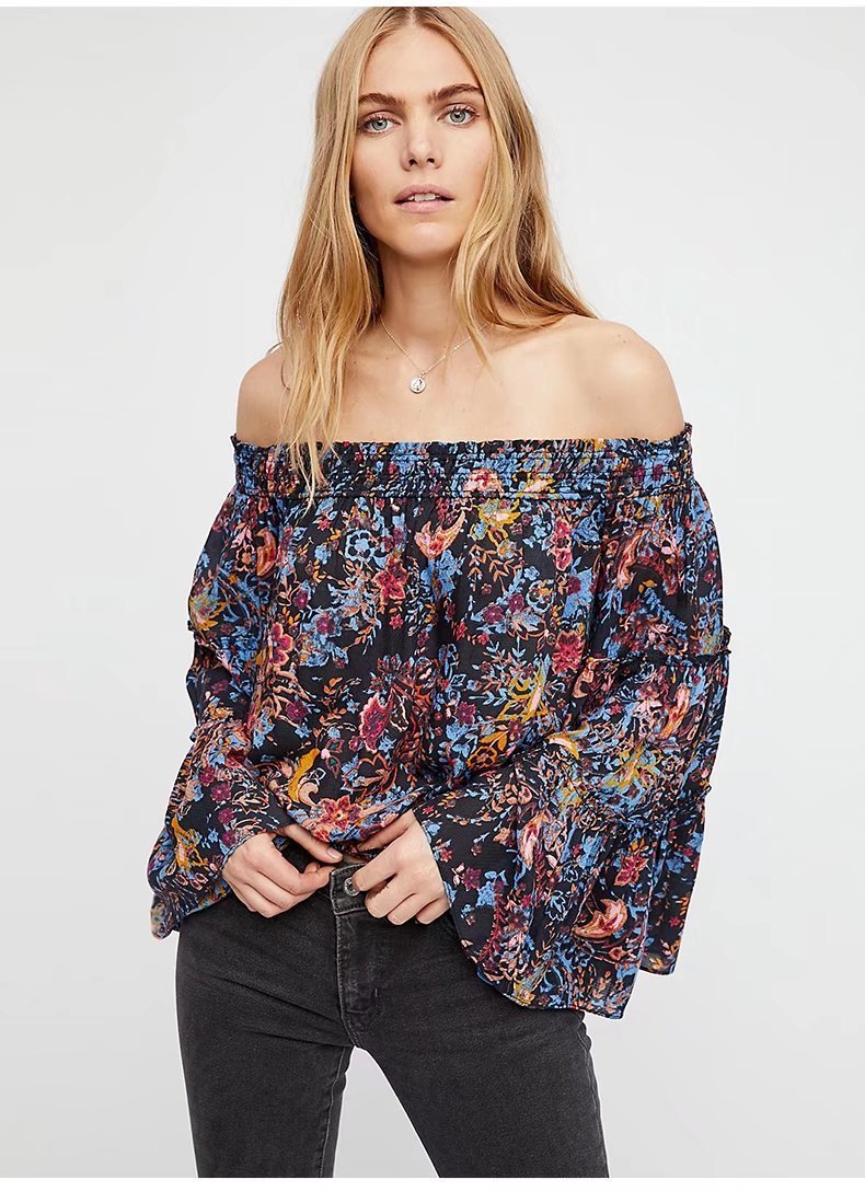 Spring Off-The-Shoulder Trumpet Sleeves Printed Tops