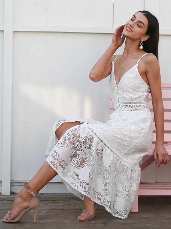 Sexy Deep V Neck Lace Summer White Midi Dress