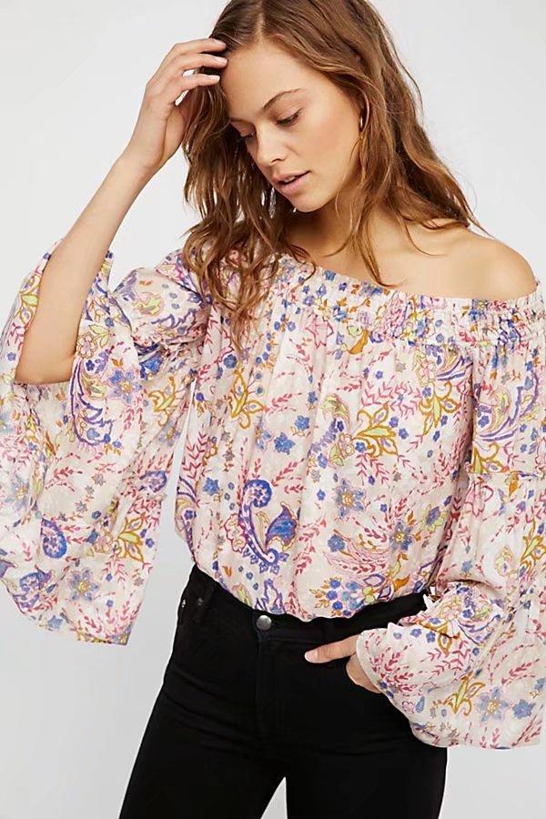 Spring Off-The-Shoulder Trumpet Sleeves Printed Tops