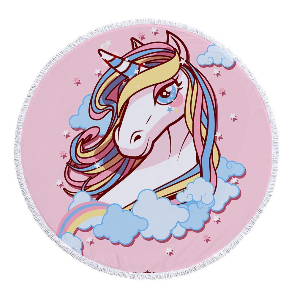 Hand-Painted Cartoon Unicorn Oversized Round Tassel Beach Towel Yoga Mat