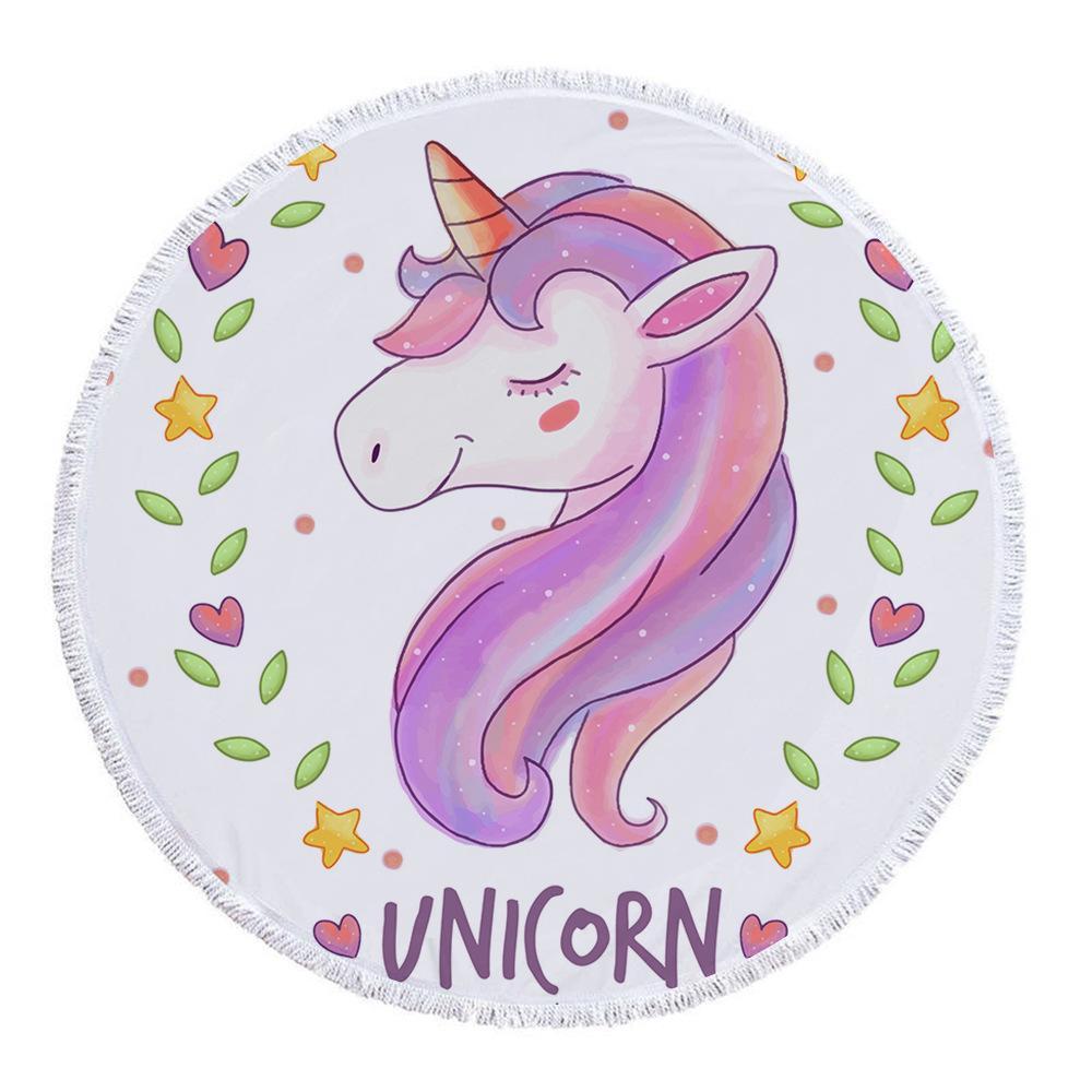 Hand-Painted Cartoon Unicorn Oversized Round Tassel Beach Towel Yoga Mat