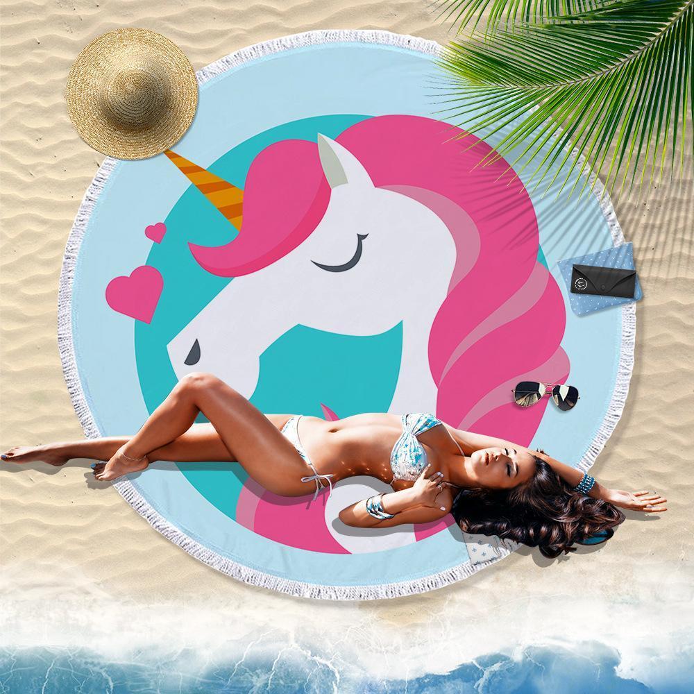 Hand-Painted Cartoon Unicorn Oversized Round Tassel Beach Towel Yoga Mat