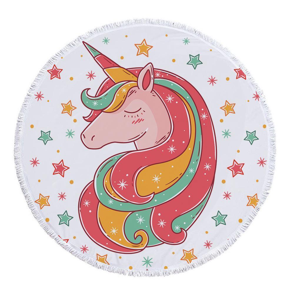 Hand-Painted Cartoon Unicorn Oversized Round Tassel Beach Towel Yoga Mat