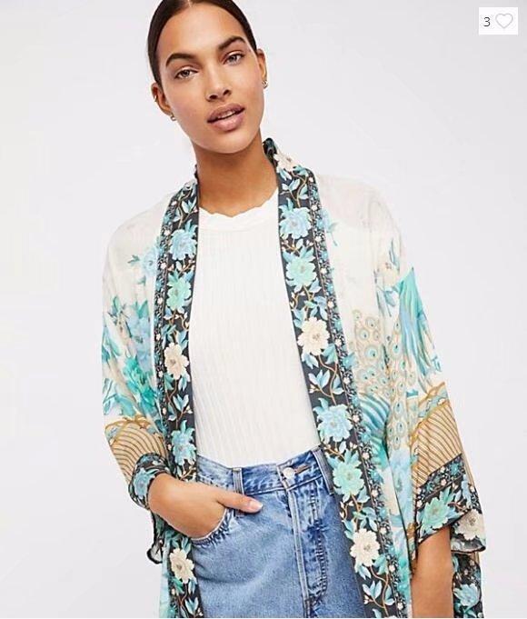 Bohemian Print Retro Loose Sleeves Tie Cardigan Kimono Sun Protection Shirt