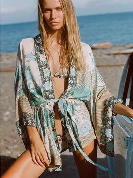 Bohemian Print Retro Loose Sleeves Tie Cardigan Kimono Sun Protection Shirt