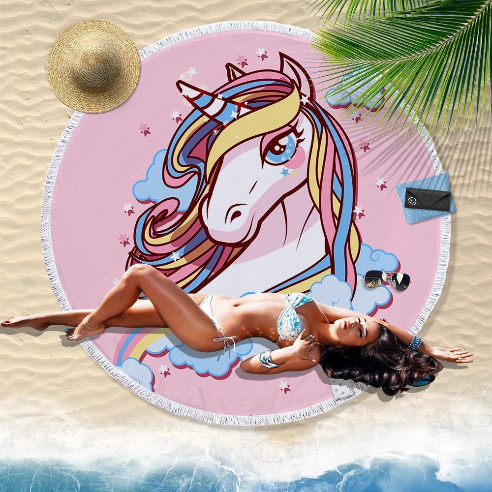 Hand-Painted Cartoon Unicorn Oversized Round Tassel Beach Towel Yoga Mat