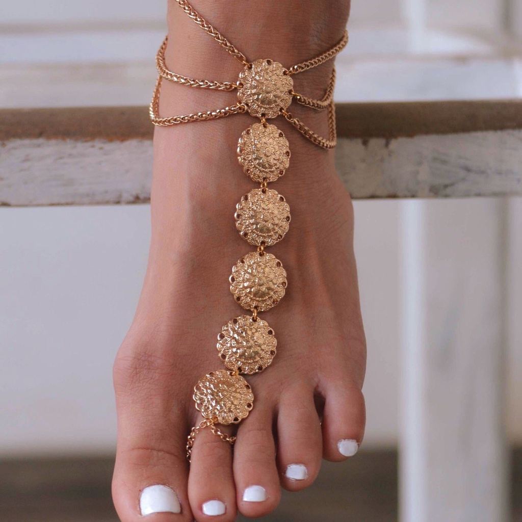 Boho Vintage Ethnic Carved Flower Plate Foot Chain Anklet Accessories