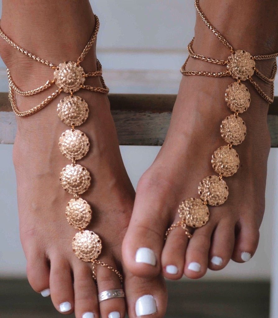 Boho Vintage Ethnic Carved Flower Plate Foot Chain Anklet Accessories