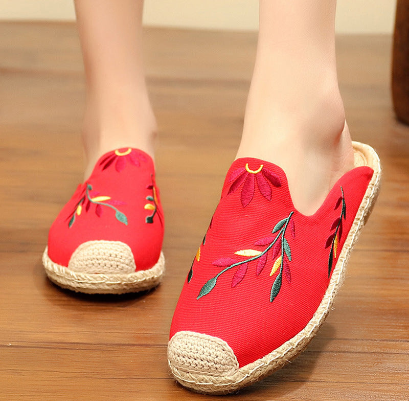 New Embroidered Leaves Slippers Women Wear Beach Shoes Hemp Rope Straw Fisherman Shoes Flat Muller Shoes