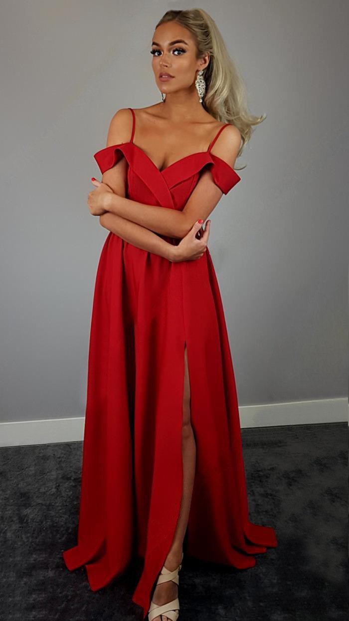 Red Spaghetti Strap Evening Party Maxi Dress