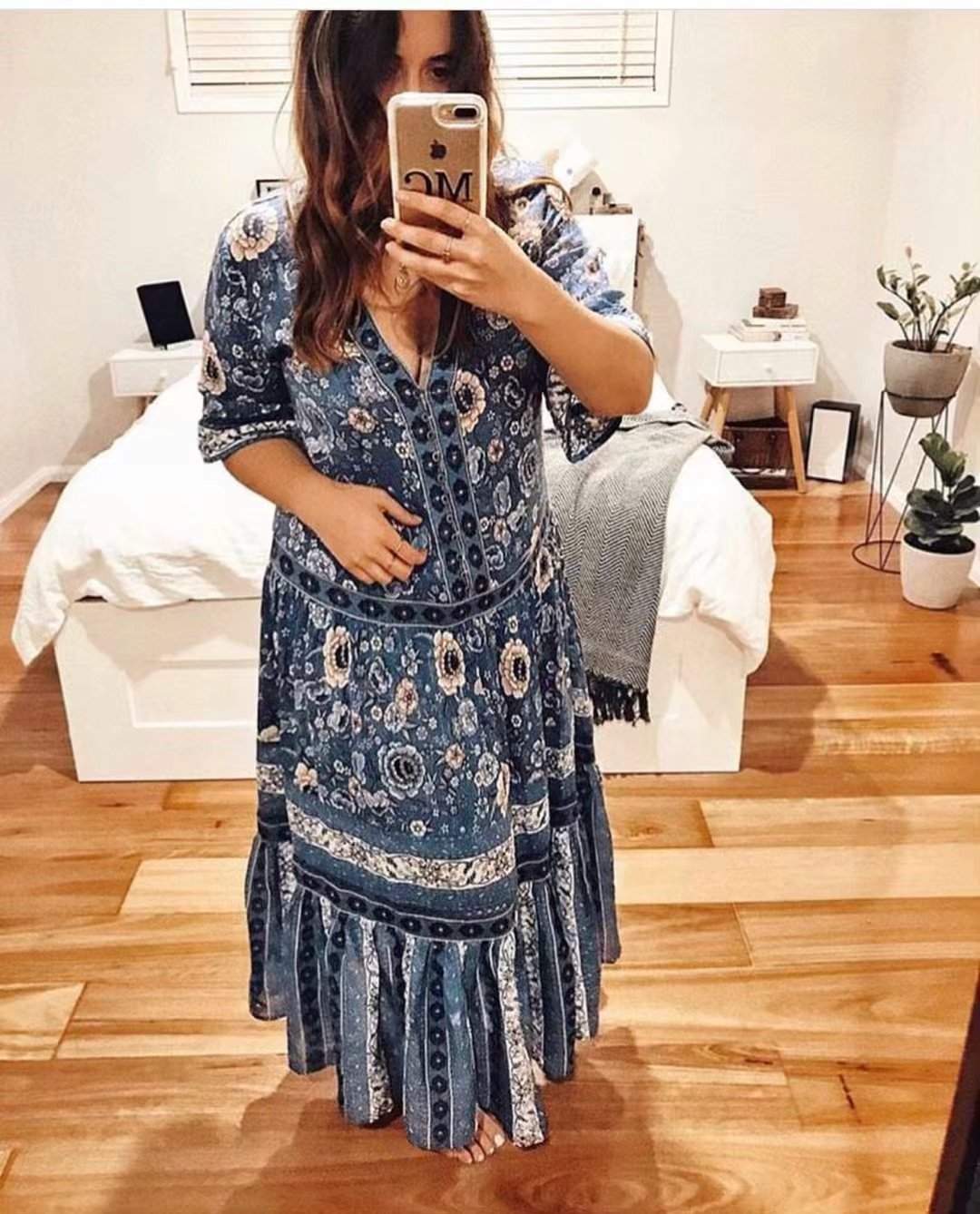 Summer Retro Print Short Sleeve Maxi Dress