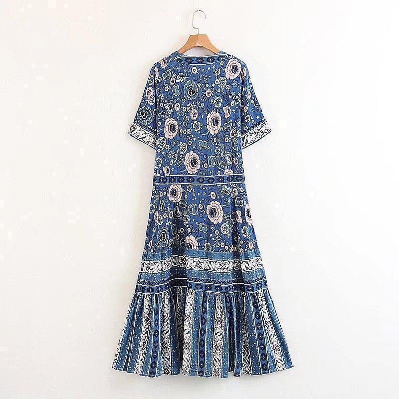 Summer Retro Print Short Sleeve Maxi Dress