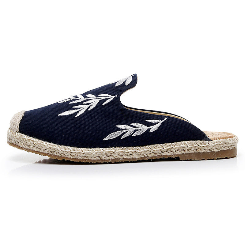 New Embroidered Leaves Slippers Women Wear Beach Shoes Hemp Rope Straw Fisherman Shoes Flat Muller Shoes