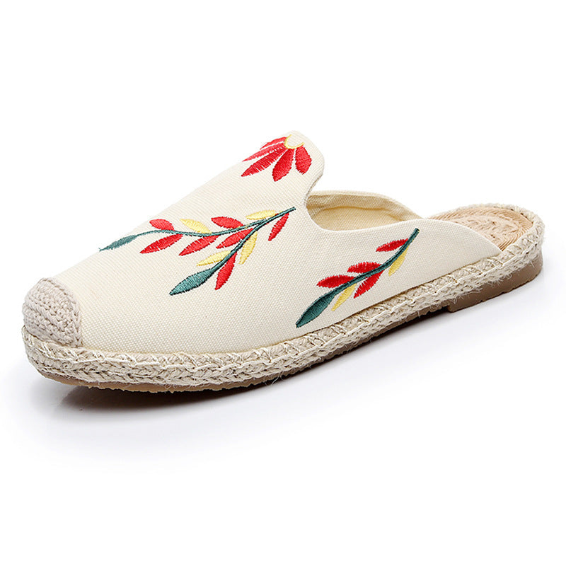 New Embroidered Leaves Slippers Women Wear Beach Shoes Hemp Rope Straw Fisherman Shoes Flat Muller Shoes