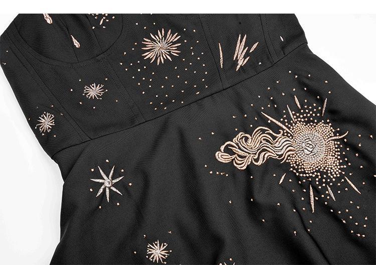 Sling Gold Thread Embroidery Moon Starry Maxi Dress