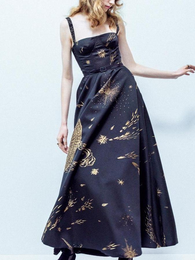 Sling Gold Thread Embroidery Moon Starry Maxi Dress