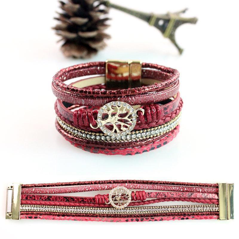 Life Tree Leather Rope Weaving Magnet Buckle Bracelet