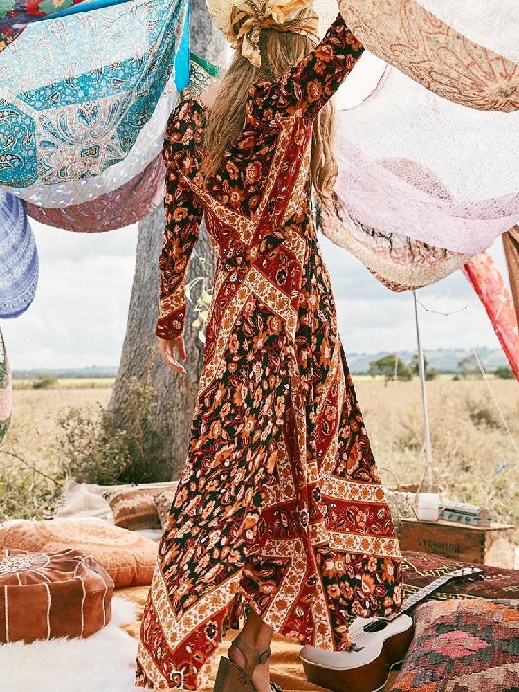 Summer Print Long Sleeve Bohemia Beach Maxi Long Dress