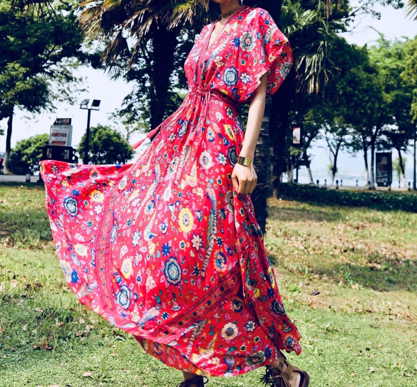 Floral V Neck Short Sleeve Bohemia Maxi Dress