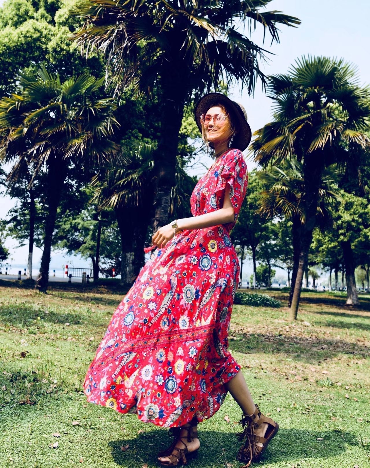 Floral V Neck Short Sleeve Bohemia Maxi Dress