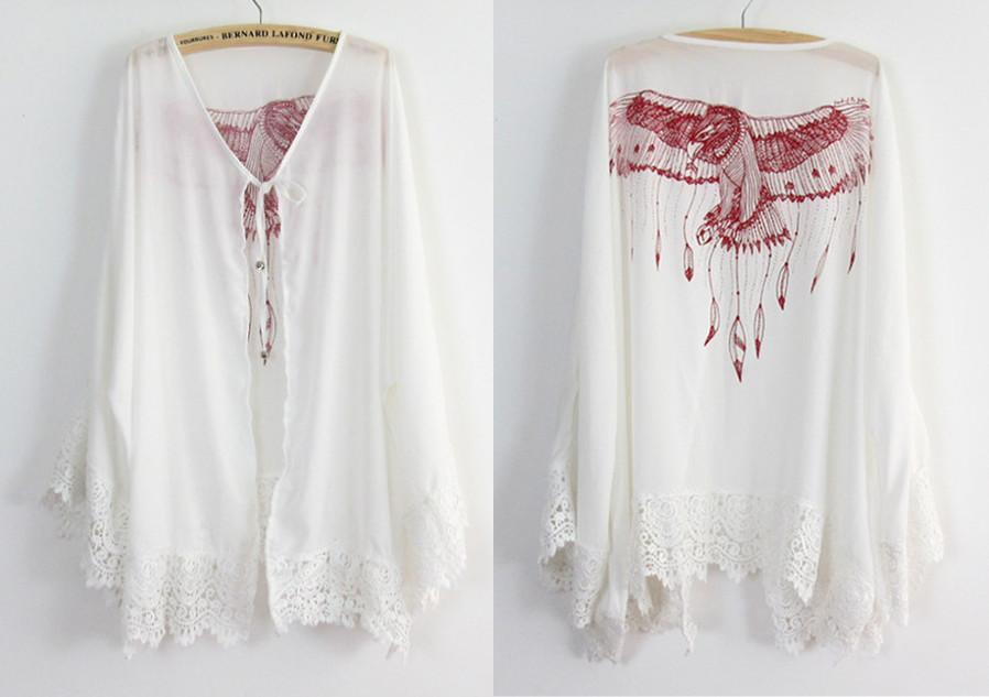 Eagle Printed Beach Chiffon Lace Stitch Large Size Holiday Cardigan