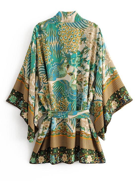 Bohemian Print Retro Loose Sleeves Tie Cardigan Kimono Sun Protection Shirt