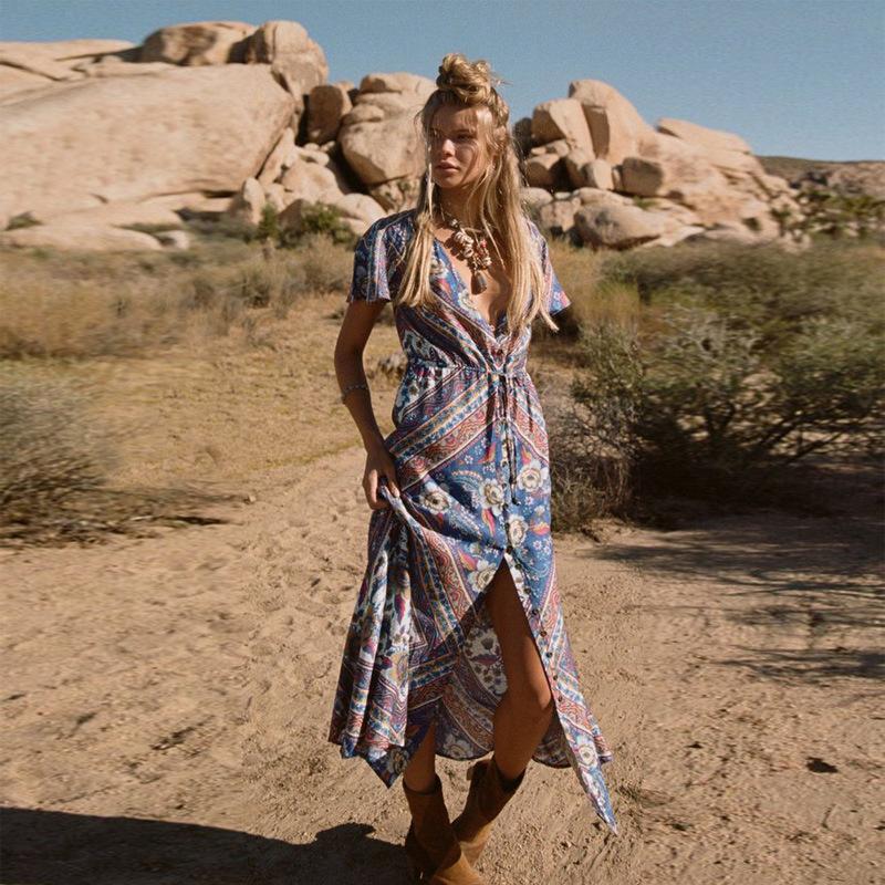 Bohemian Floral V-neck Split Beach Long Dress