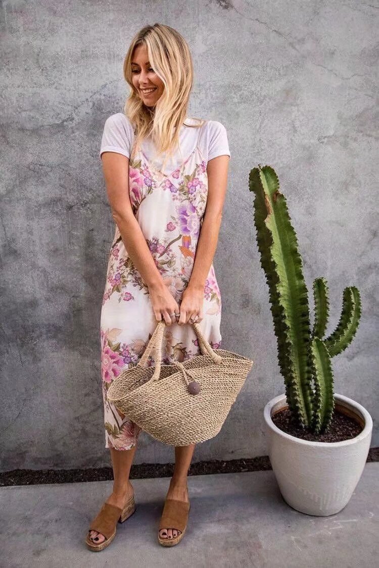 Vacation Style Flower Print Beach Sling Dress