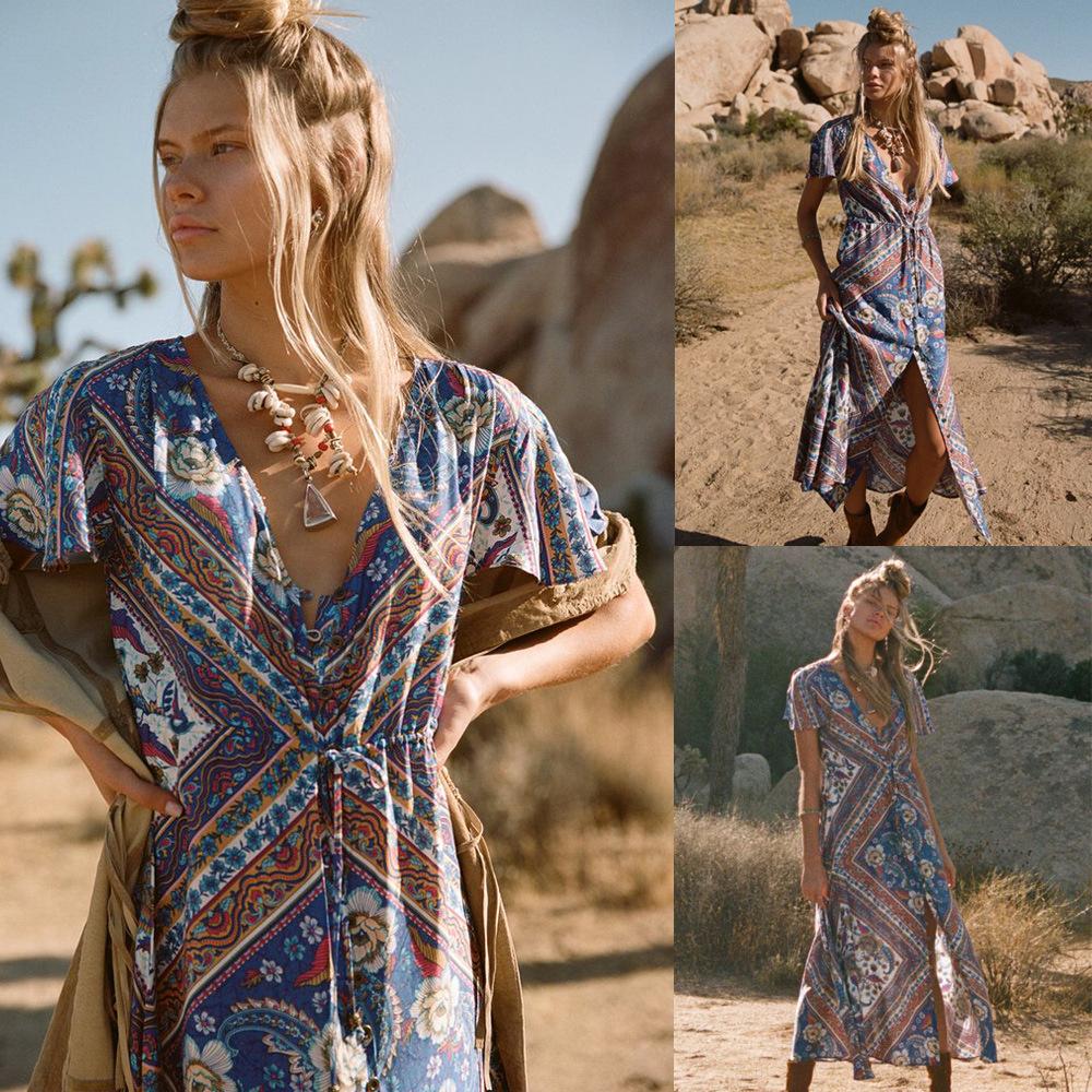 Bohemian Floral V-neck Split Beach Long Dress