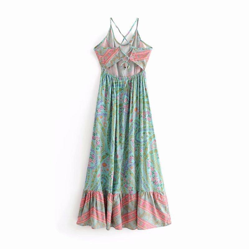 Bohemian Paisley Floral Boho Backless Spaghetti Strap Dress