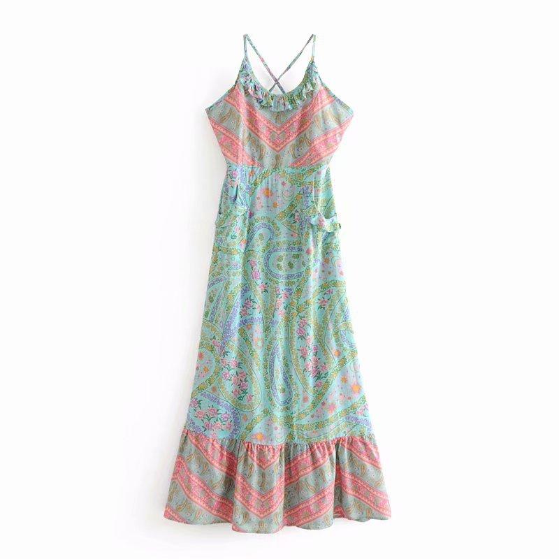 Bohemian Paisley Floral Boho Backless Spaghetti Strap Dress