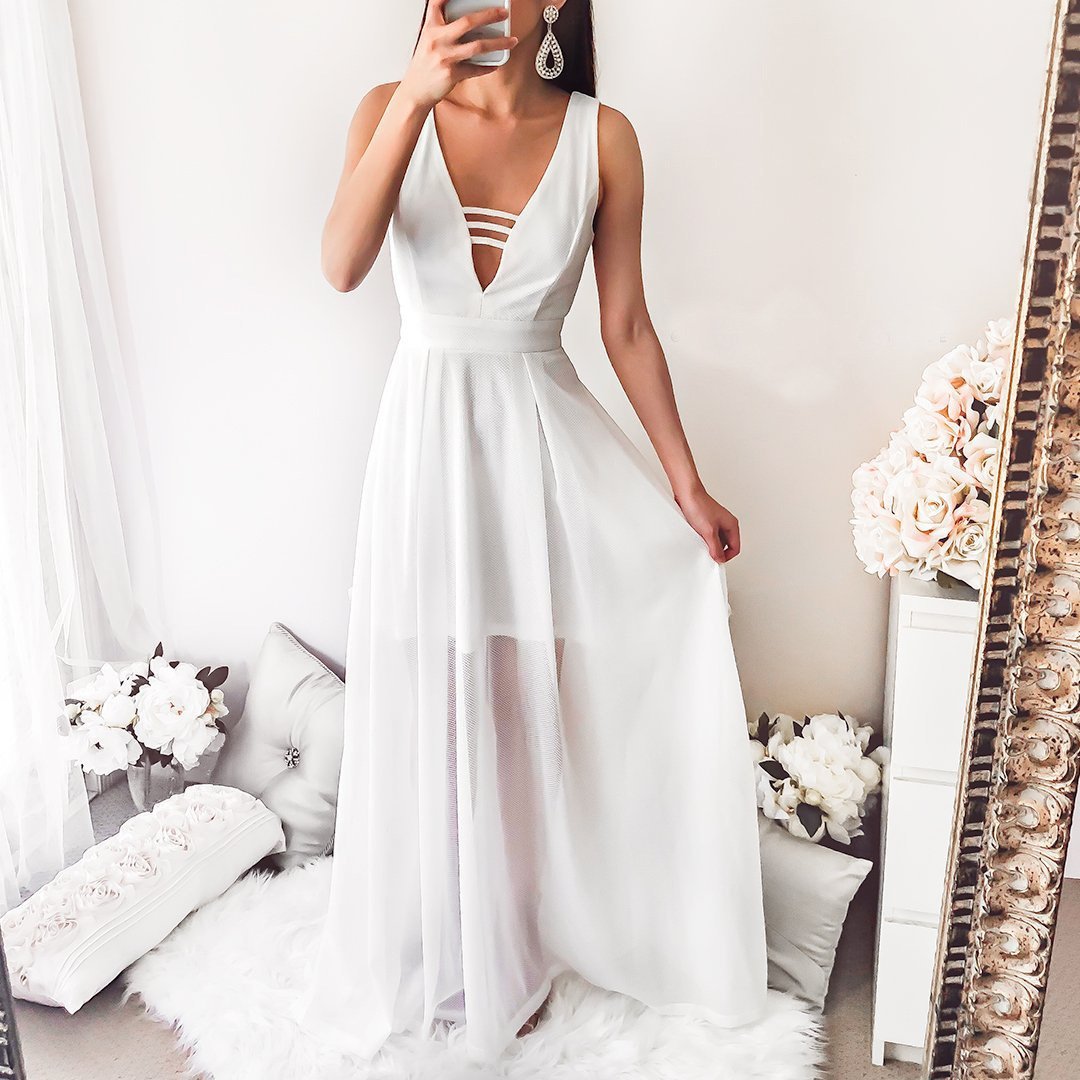 White Deep V Neck Sleeveless Chiffon Evening Maxi Dress