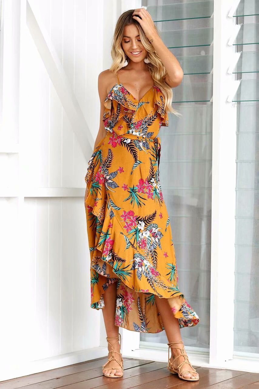 Spaghetti Strap Print Irregular Beach Maxi Dress