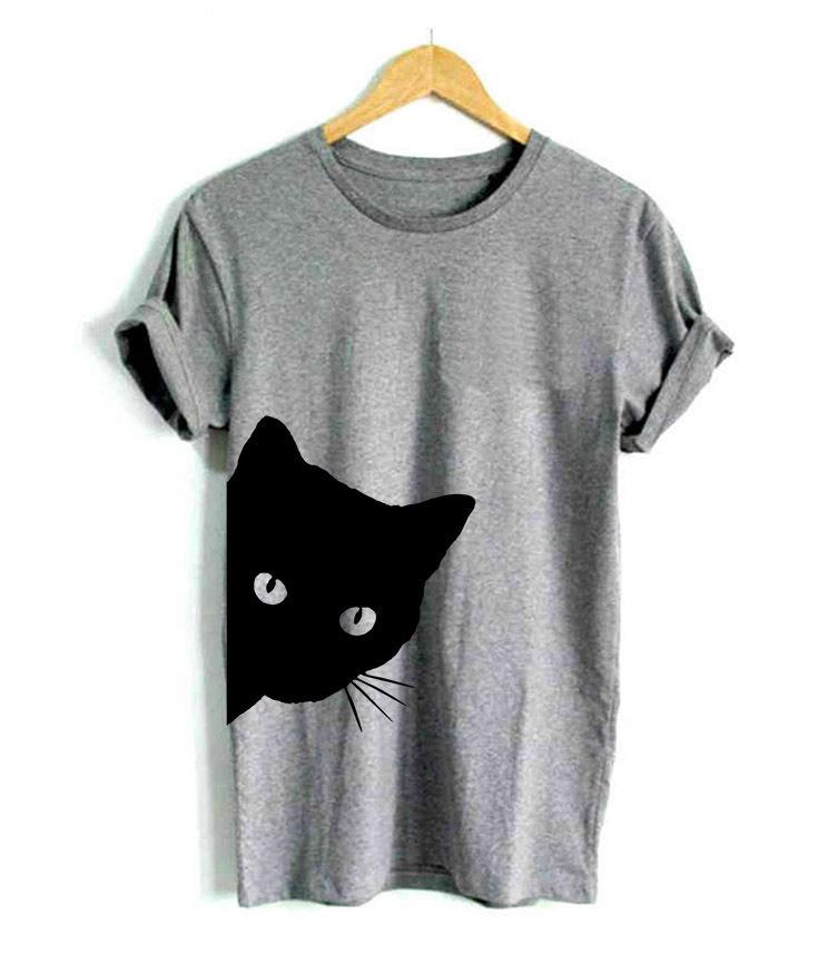 Cat Pattern Printed Crew Neck Slim Short Sleeve T-shirt